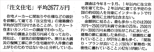 「注文住宅」平均２，６７７万円（１２月２０日　読売新聞より）
