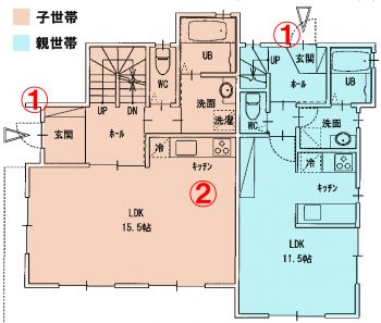 ２２坪　２階建て完全分離型二世帯住宅　１１.５帖のＬＤＫがある間取り