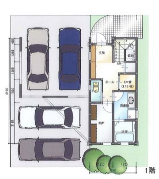 １９坪　３階建てガレージ住宅　４台分の駐車スペースがある家