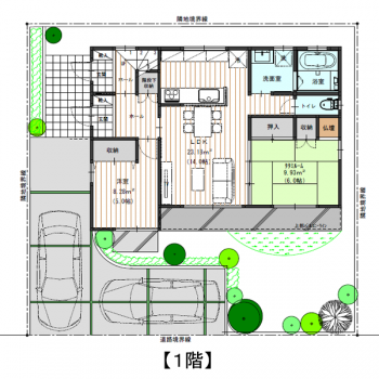 20坪 完全分離型 15帖のロフトあり二世帯住宅の間取り